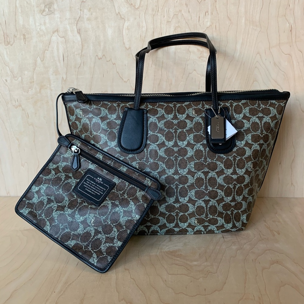 COACH TAXI ZIP TOP TOTE SIGNATURE COATED CANVAS BROWN NEW